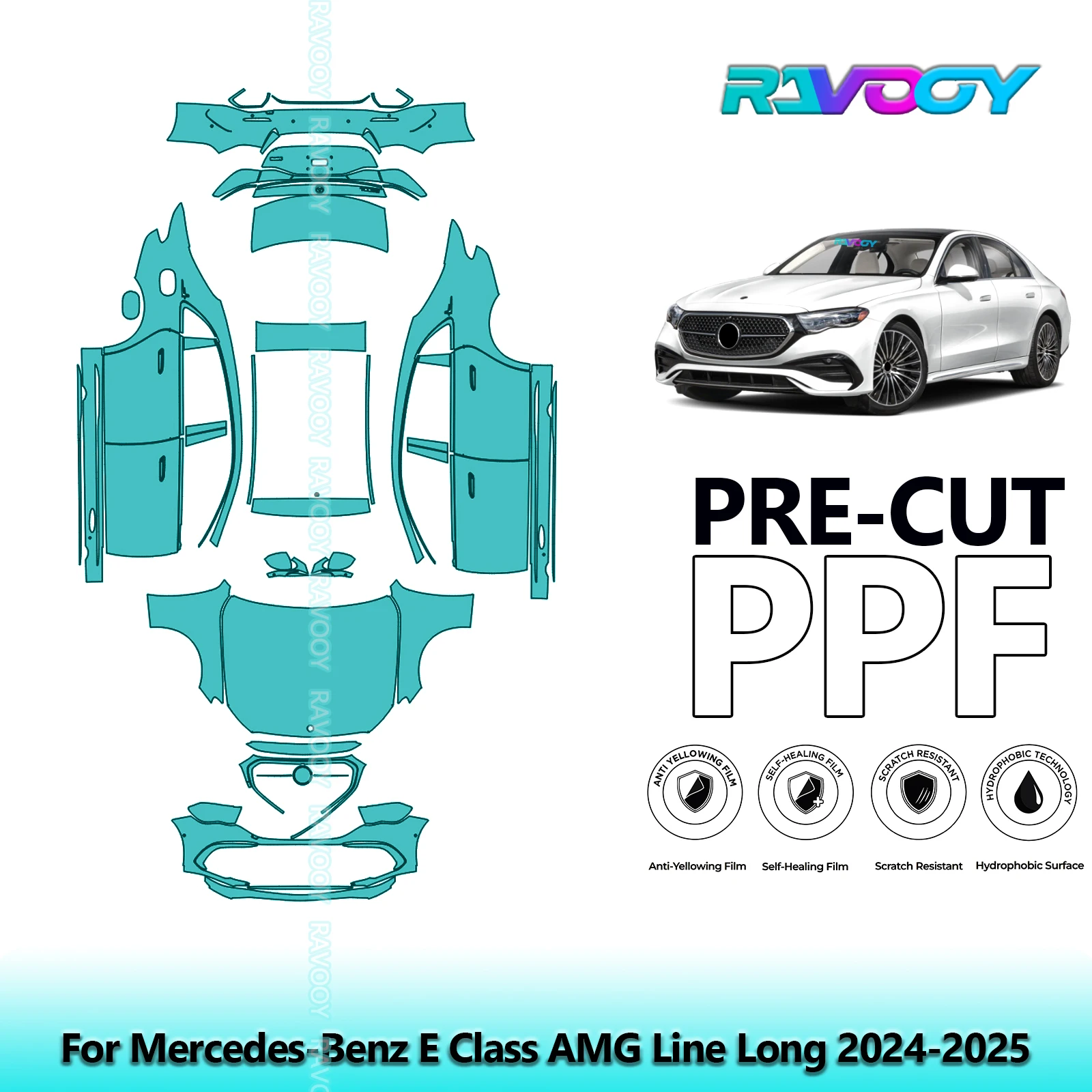 RAVOOY 8.5Mil Custom-Fit Precut TPU PPF Full Vehicle Clear Bra Stone Guard For Mercedes-Benz E Class AMG Line Long 2024-2026