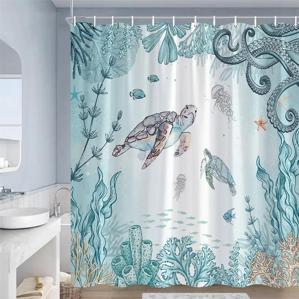 Ocean Animals Shower Curtains Sea Turtles Starfish Coral Seaweed Underwater Scenery Polyester Bathroom Curtain Decor with Hooks