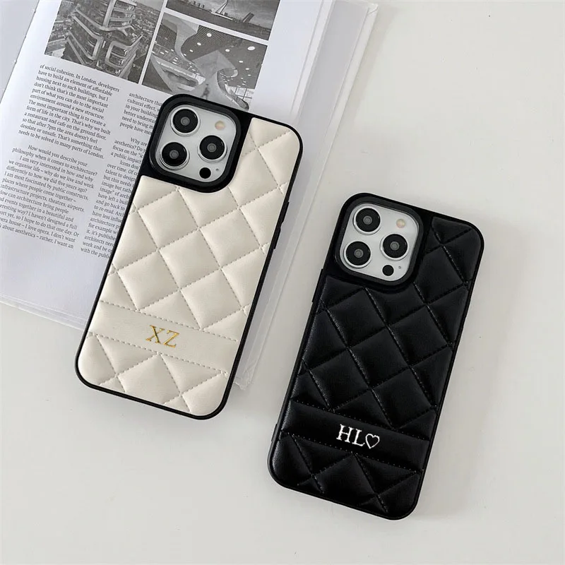 Personalize Gold Silver Initial Letters Leather PU Hard Case For Iphone 14 13 Pro max 11 12 16 15 Luxury Solid color Cover Hot