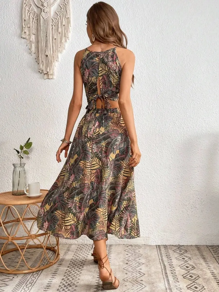 Sexy Off Shoulder Spaghetti Strap Tops Midi Dress Set Office Lady Summer Floral Print Sleeveless Two Piece Set Women Outfit 2023