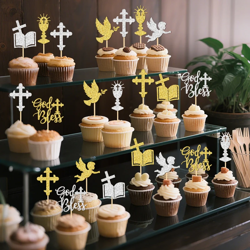 NUBECOM 24 Stück Göttliche Cupcake-Dekoration, glitzernde Segens-Design-Kuchenaufsätze für Taufe, Dekor, Taube, Engel, Kelch, Bibel, Kreuz – Detail 13
