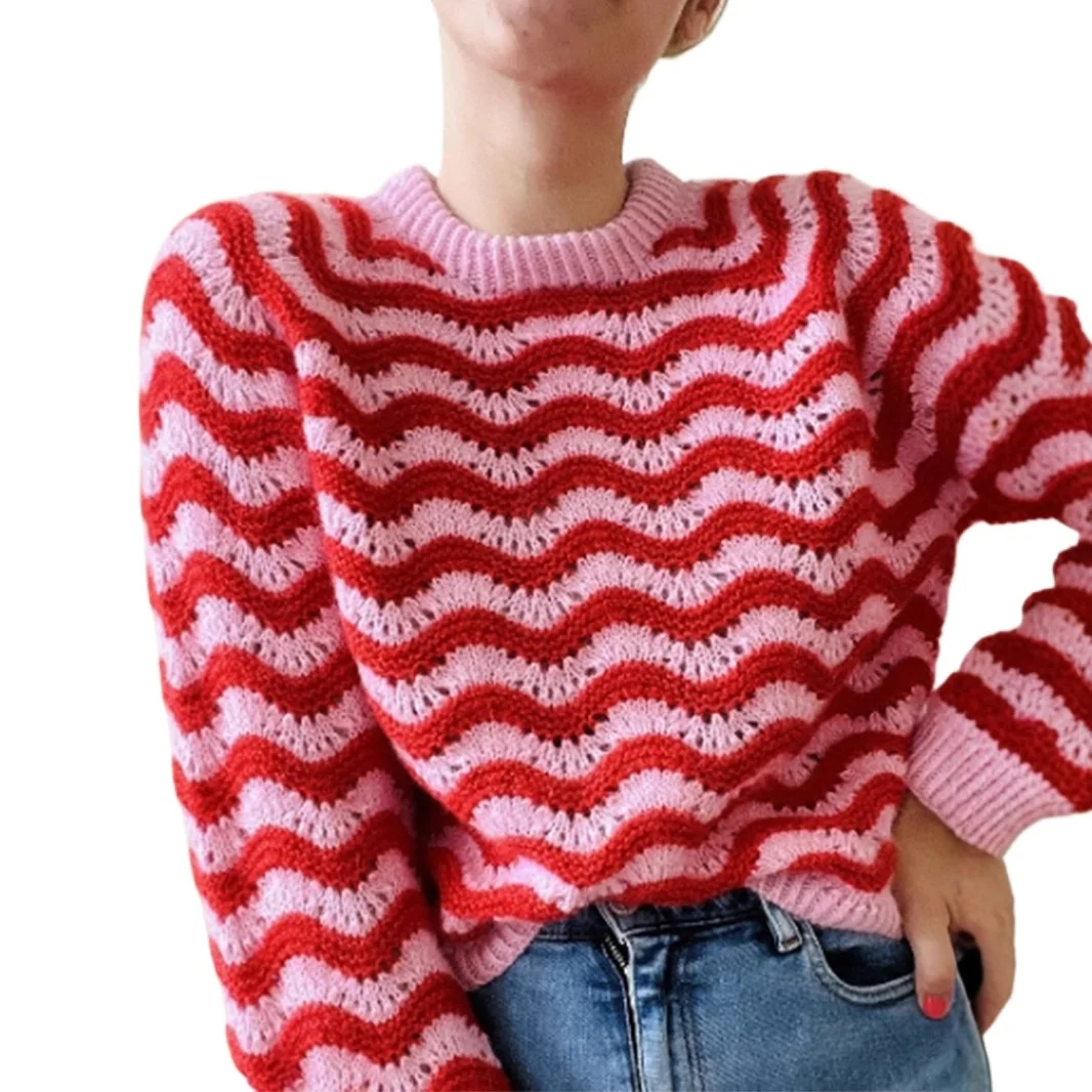 

Cross-border European and American style pullover crew neck wavy striped autumn and winter women's sweater casual long-sleeved