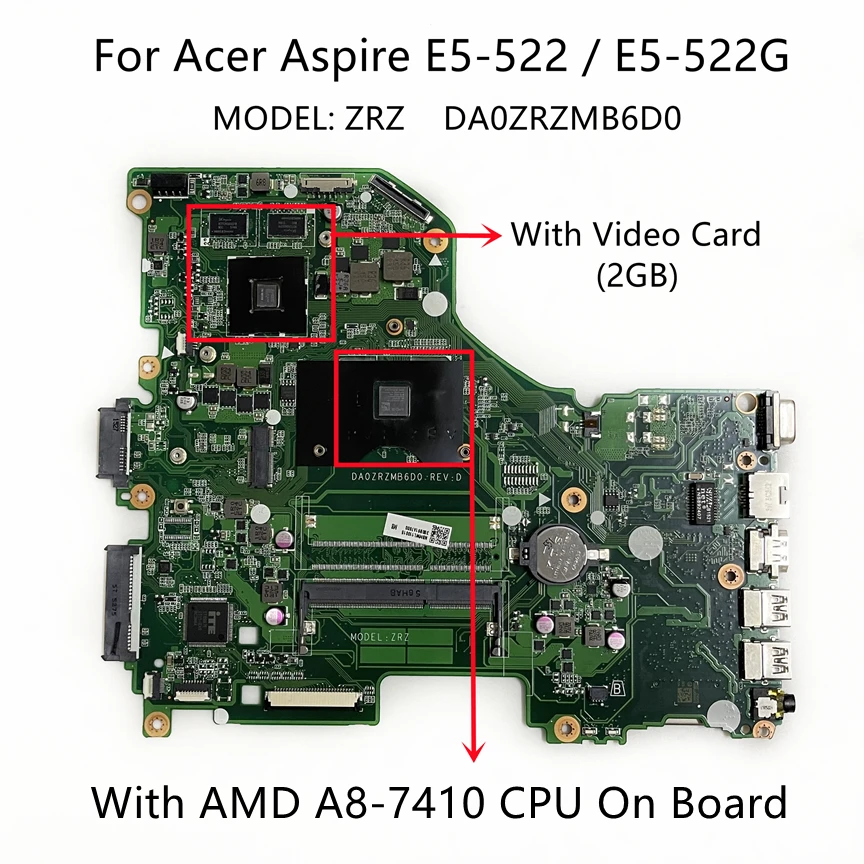 

For Acer Aspire E5-522 E5-522G Laptop Motherboard With A8-7410 CPU R5 M335 2GB-GPU DA0ZRZMB6D0 Mainboard NBMWL11001 100% Tested