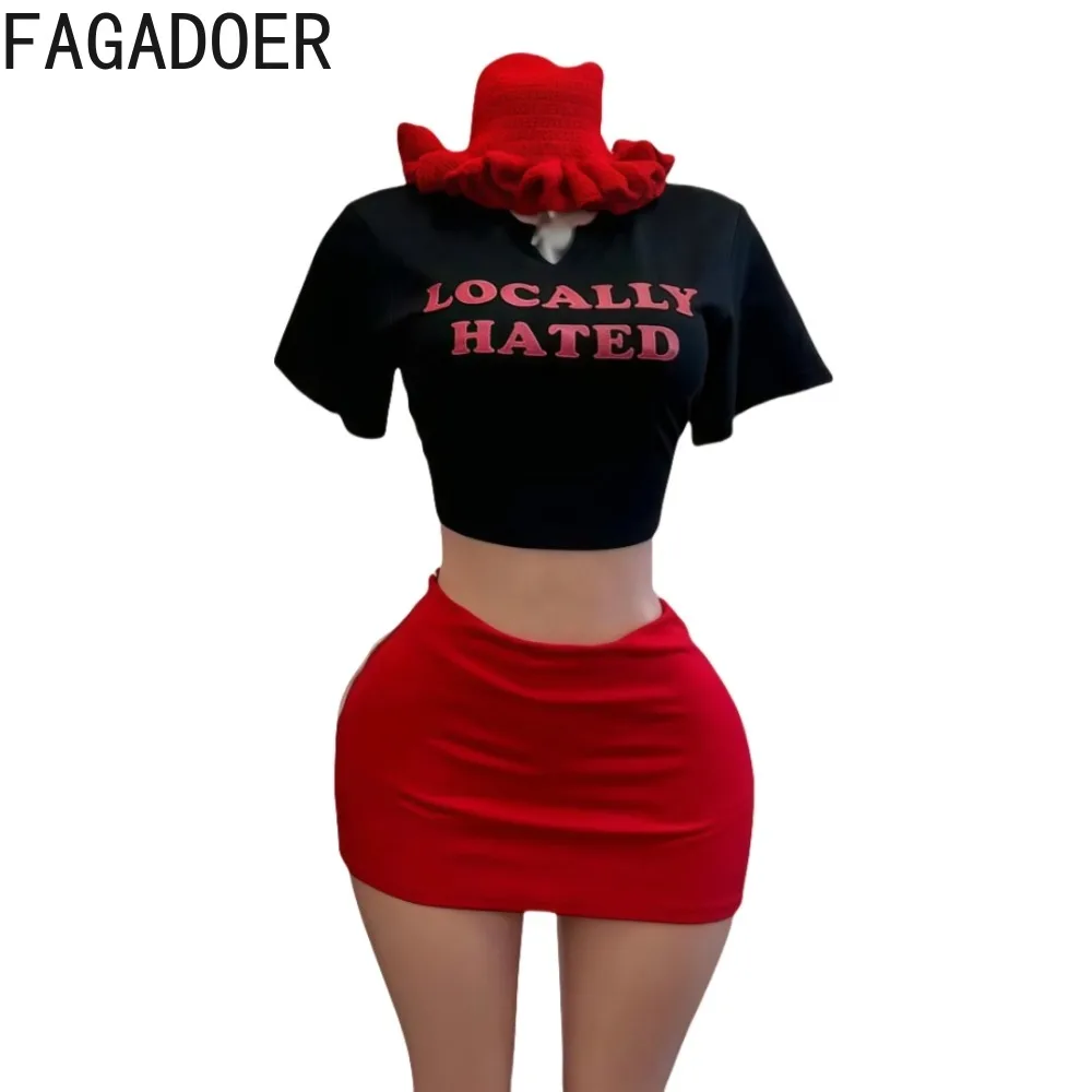 FAGADOER Sexy Women 2 Piece Set Outfit Letter Print Crop Tops + Bodycon Mini Skirts Suit Hot Girl Streetwear Clothing Spring New