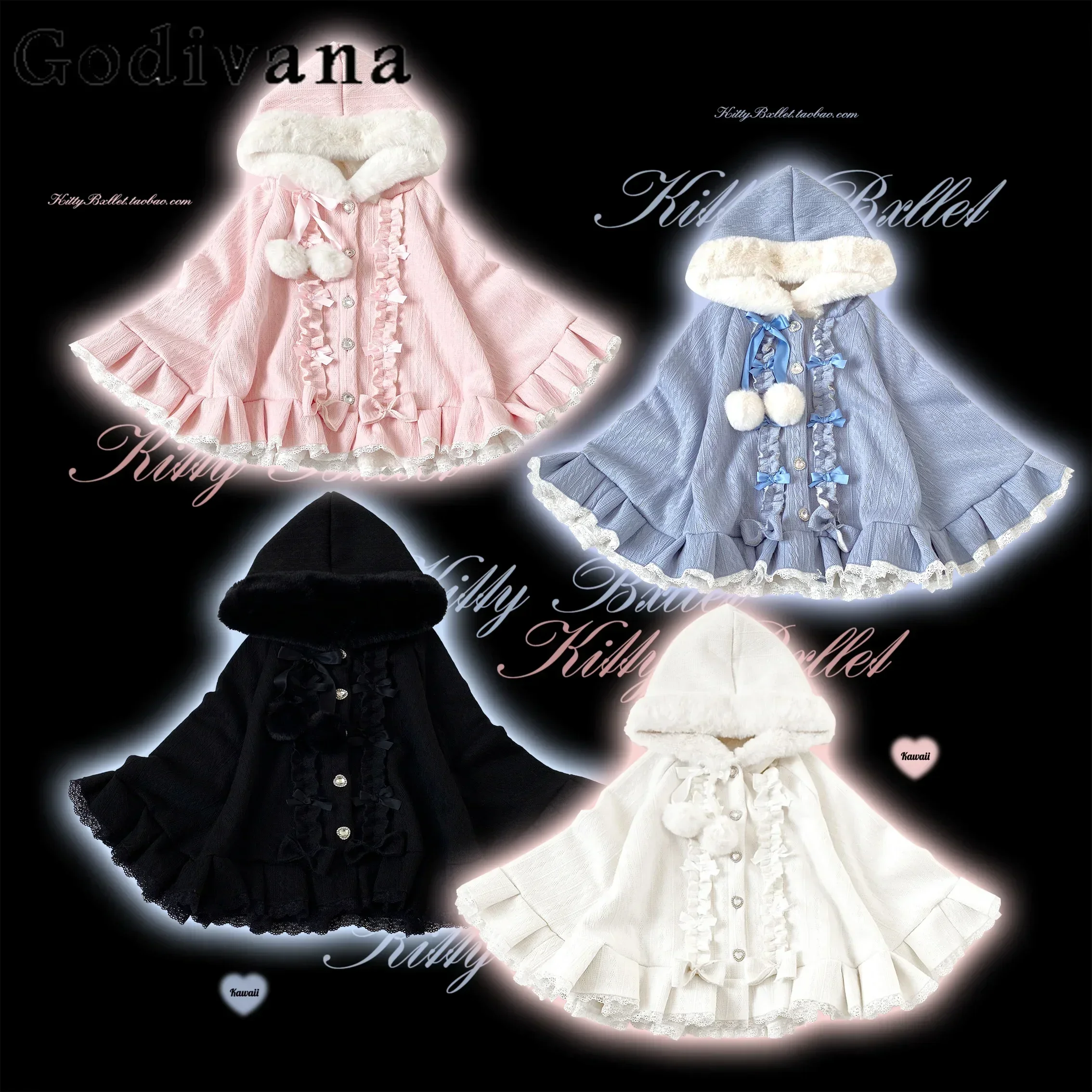 

2025 NEW Japanese Mines Hooded Cloak for Women Lace Edge Bow Single Breasted Cute Sweet Girls Pink Ponchos Ladies Capes Winter