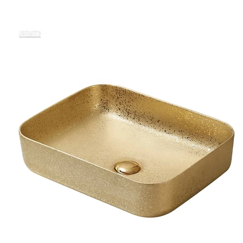 Ceramic Countertop Design Wash Basin Gold Color at Home Smooth Basin of Gold Surface MWD Ceramic Shampoo Sinks Golden Modern