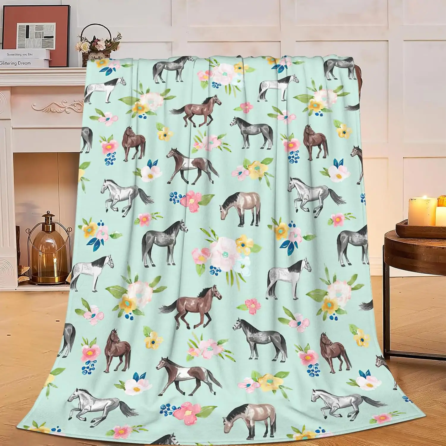 Horse Throw Blanket Super Soft Warm Floral Horse Blanket Cozy Plush Fleece Farm Stuffed Animal Horse Gifts Bedding Blanket