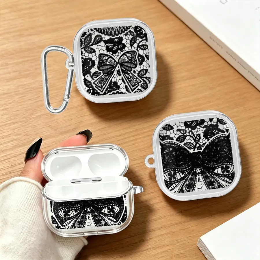 Rose Lace Bow Print Case For Samsung Galaxy Buds 3Pro 4 Pro Live 2 3 FE 2Pro 4Pro Clear Earphone Cases Cover With Hook
