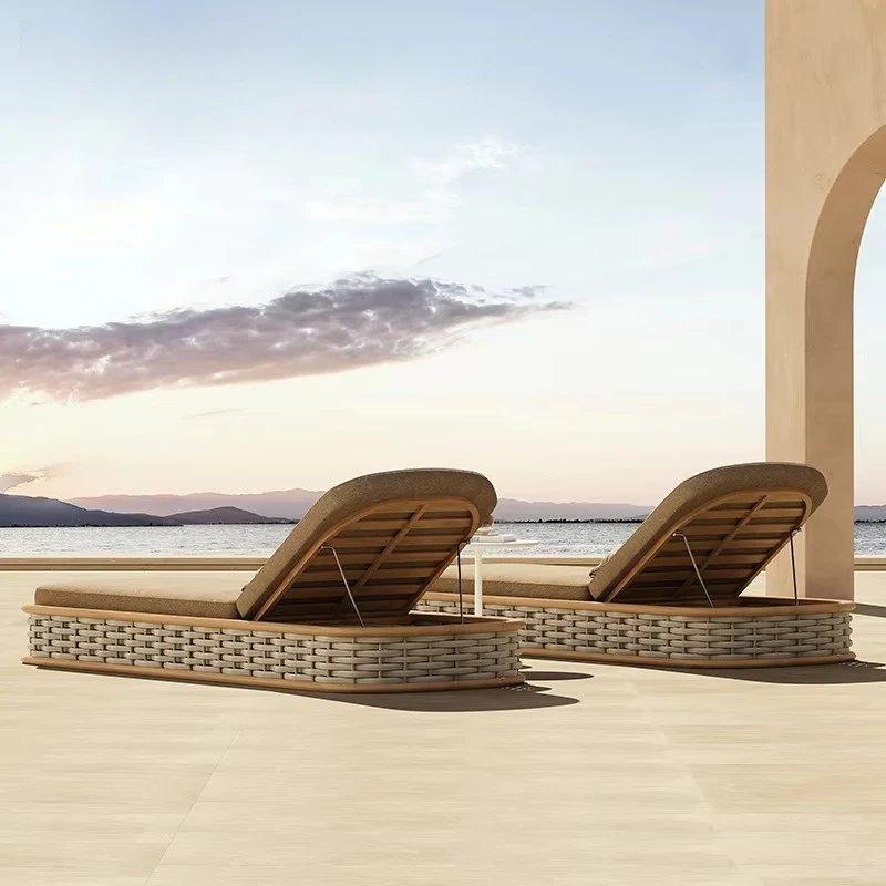 Patio Furniture Teak Deckchair Rattan Lounge Bed Outdoor Furniture Wood Sunbed Poolside Furniture Outdoor Sun Loungers Daybed