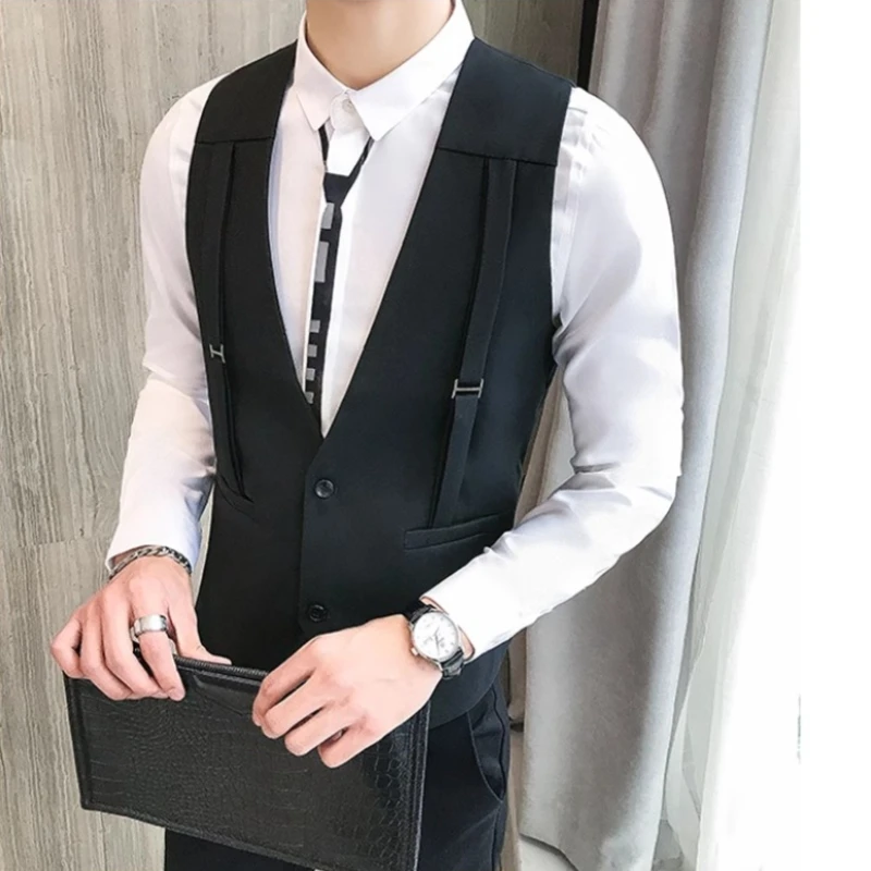 

Brand Strap Decorative Vest Men Casual Sleeveless Vests Slim Fit Prom Party Disco Waiter Nightclub Dress Vest Tuxedo Gilet Homme