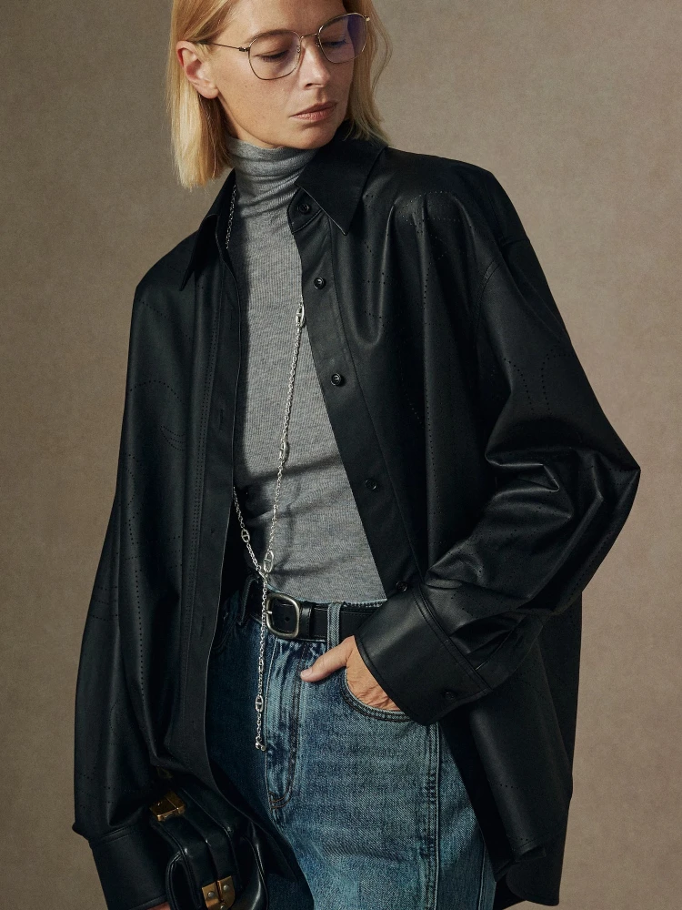 

Genuine Sheepskin Coat Fashion Hollowed-out Loose Shirt Thin Leather Jacket For Women High Quality Real Leather Jackets Topcoats