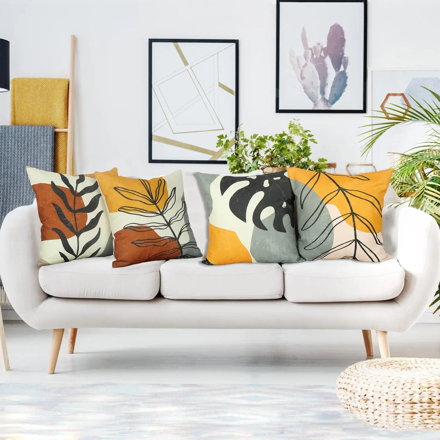 4pcs Yellow Gray Orange Black Line Leaf Abstract Printed Pillow Cover Polyester Cushion Case 2D Flat Printing Pillowcase Now