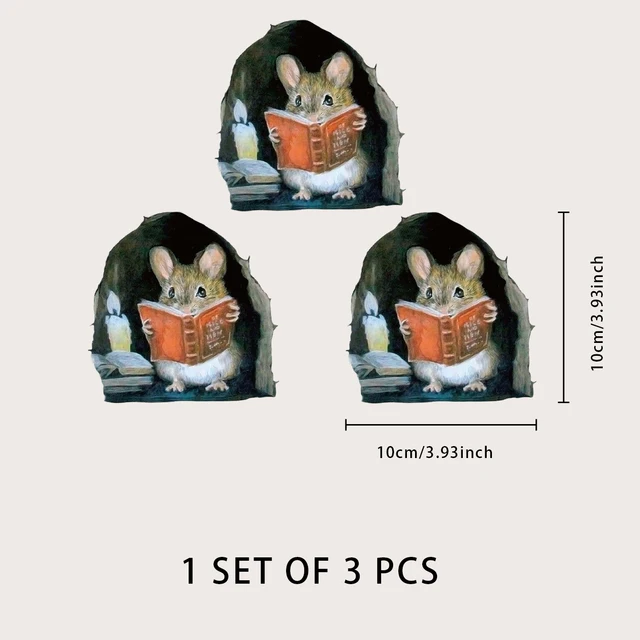 1PC 3D Effect Mouse Hole Sticker Read Flowering Branch Mouse Cute Animal Home Decor Residue Free Adhesive Wallpaper 6