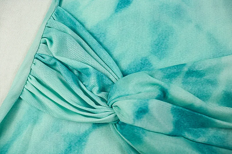 2025 Autunno Donna Tie Dye Stampa Sheer Mesh Bodycon Maxi abito Mezza collo alto Manica intera Twist Increspato Slim Club Party Abito lungo