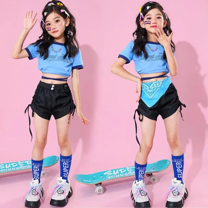 Girls Hip Hop Outfits Crop Tops Cargo Pants Children Streetwear Clothes Sets Kids Mini Shorts Street Dance Jazz Showing Costumes