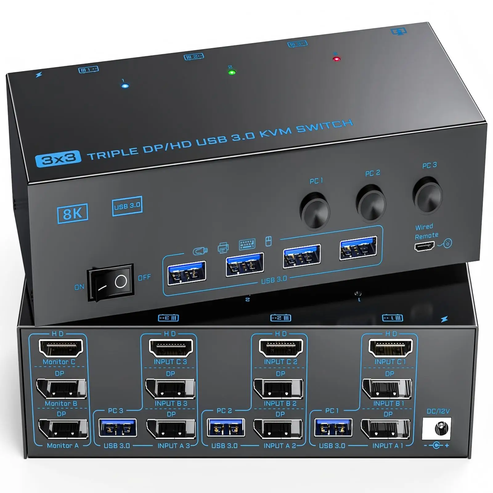 

KVM Switch 3 Monitors 3 Computers,KCEVE 8K@60Hz 4K@144Hz Triple Monitor 1 HDMI + 2 Displayport KVM Switch with 4 USB 3.0 Ports