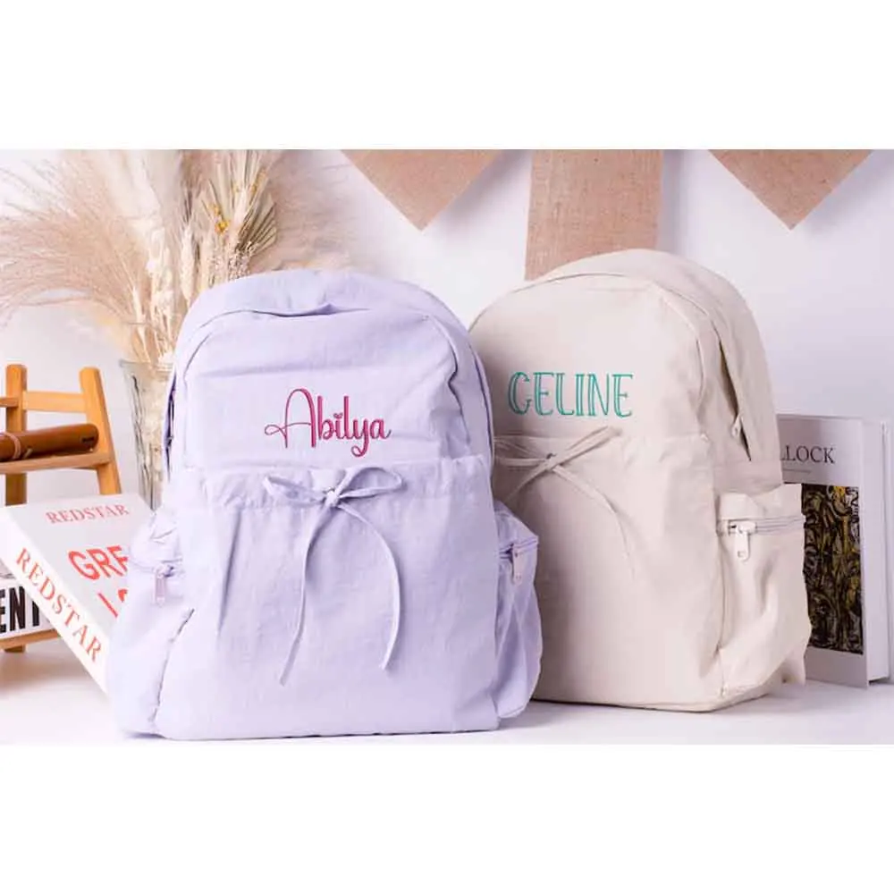 New Personalized Name Junior High School Student Backpack Customized Embroidery Name Summer Girl's Solid Color Nylon Backpacks