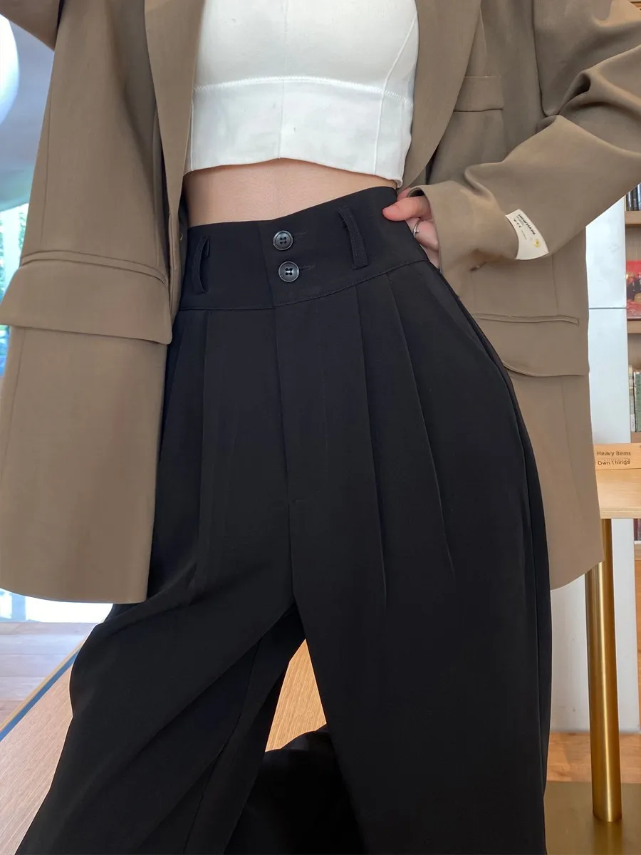 

Black High Waist Floor-Length Slimming Wide Leg Pants for Women Straight Cut Pear Shaped Body Casual Trousers EXJR Brand