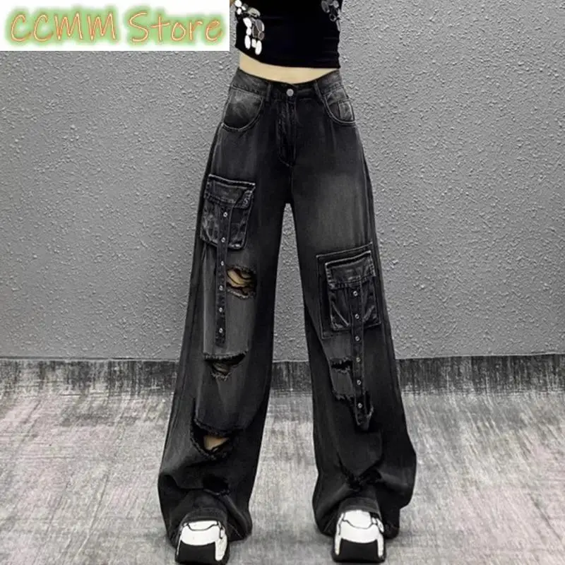 

Black Denim Jeans Women Holes Ripped Jeans High Waisted Hip Hop Jeans Women Side Pockets Streetwear Wide Leg Jeans Retro