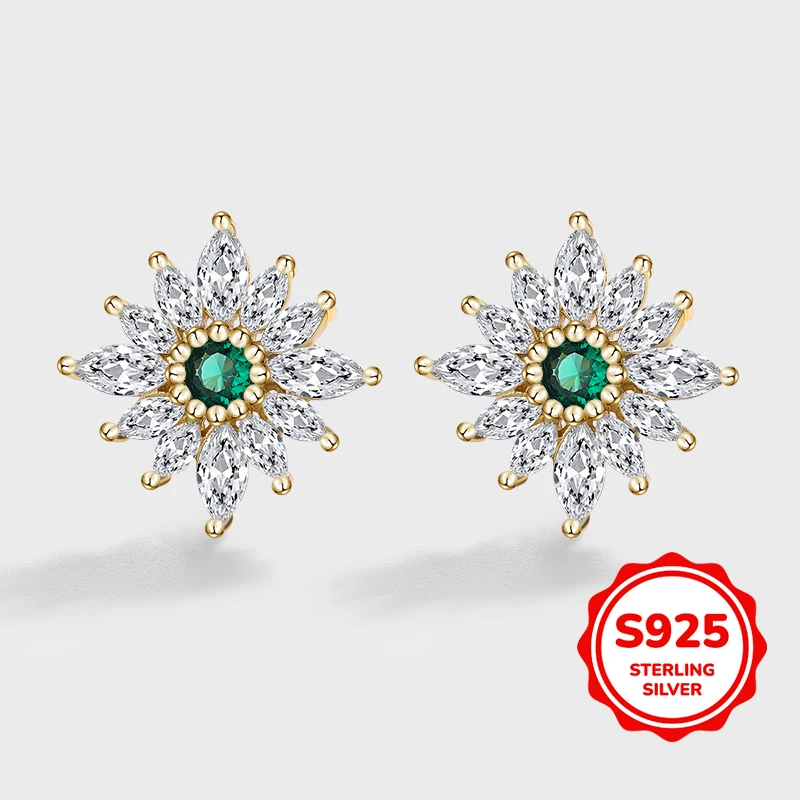 

Retro Luxury Genuine S925 Silver Emerald Sun Flower Zircon Women's Earrings