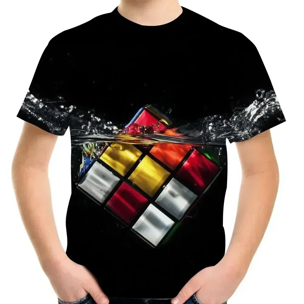 Jigsaw Cube 3d Printing T-shirt Fashion Rubik’s Cube Pattern T-Shirt Summer Boys Girls Tee Boy Top Streetwear Children Clothing