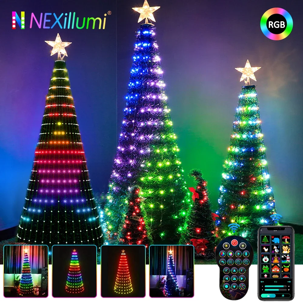 

WS2812B Christmas Tree Toppers Lights Multicolor Fairy LED Star String Waterfall Xmas APP Bluetooth Home Yard Holiday Decor DC5V