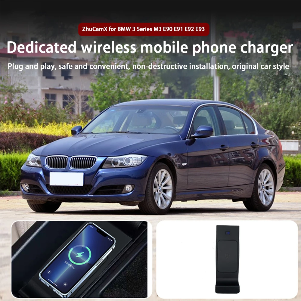ZhuCamX for BMW 3 Series M3 E90 E91 E92 E93 Armrest Storage Wireless Mobile Phone Charger 18W iPhone Magsafe Fast Charging Panel