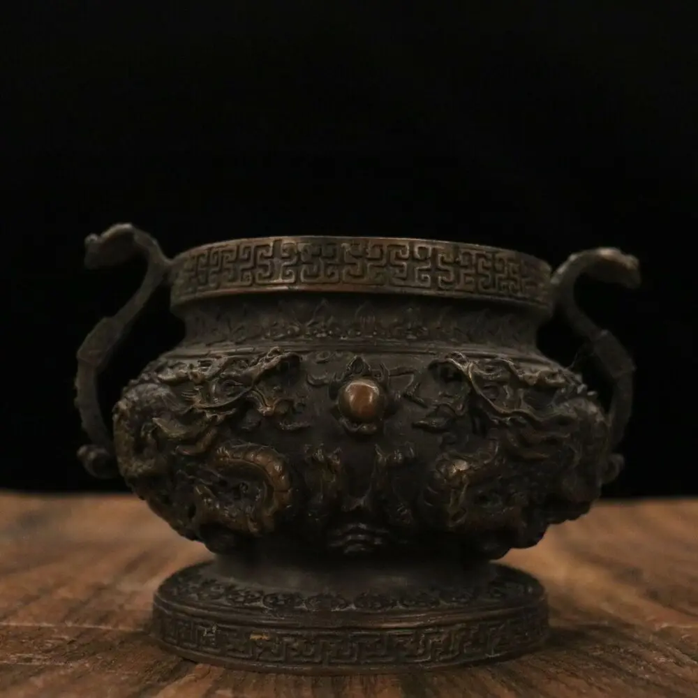 Marked Old Chinese bronze Copper two Dragon play Ball exquisite Incense Burner