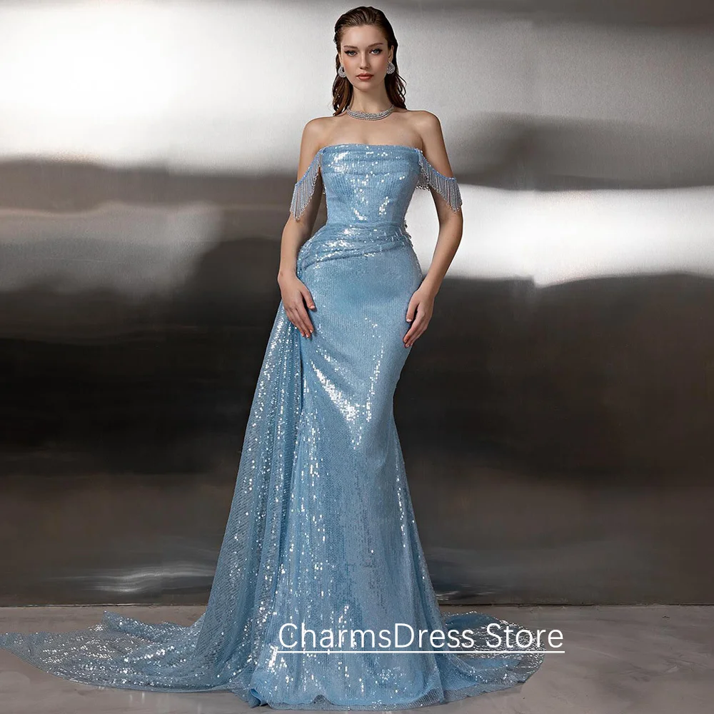 Vestido de noche de sirena con lentejuelas a la moda, personalizado, con hombros descubiertos, tren de barrido de cristal, vestido de fiesta de sirena árabe