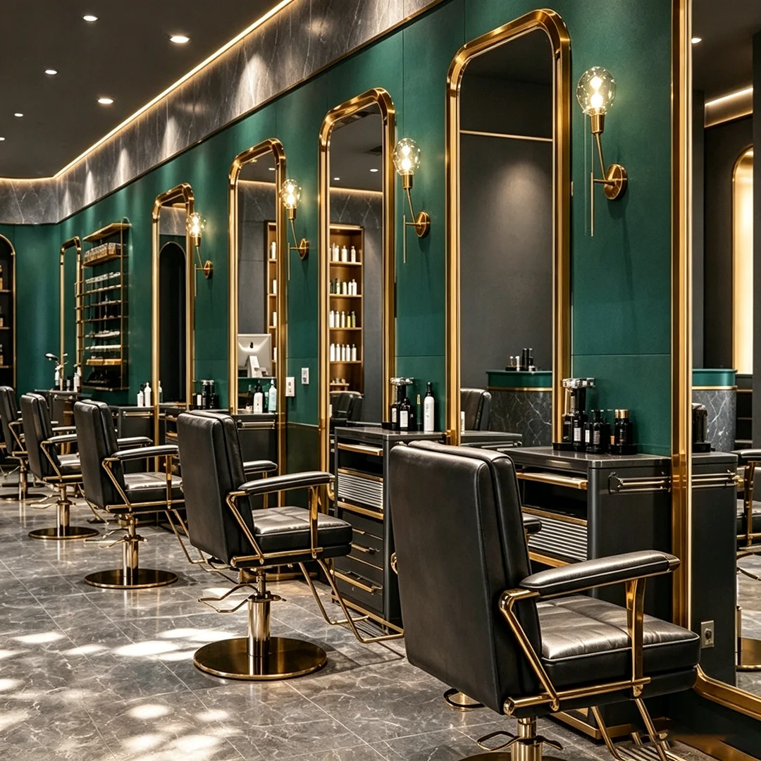 Vintage High-end Hair Salon Full Workstation Customization: Dark Green Gilded Frame Hair Mirror Table