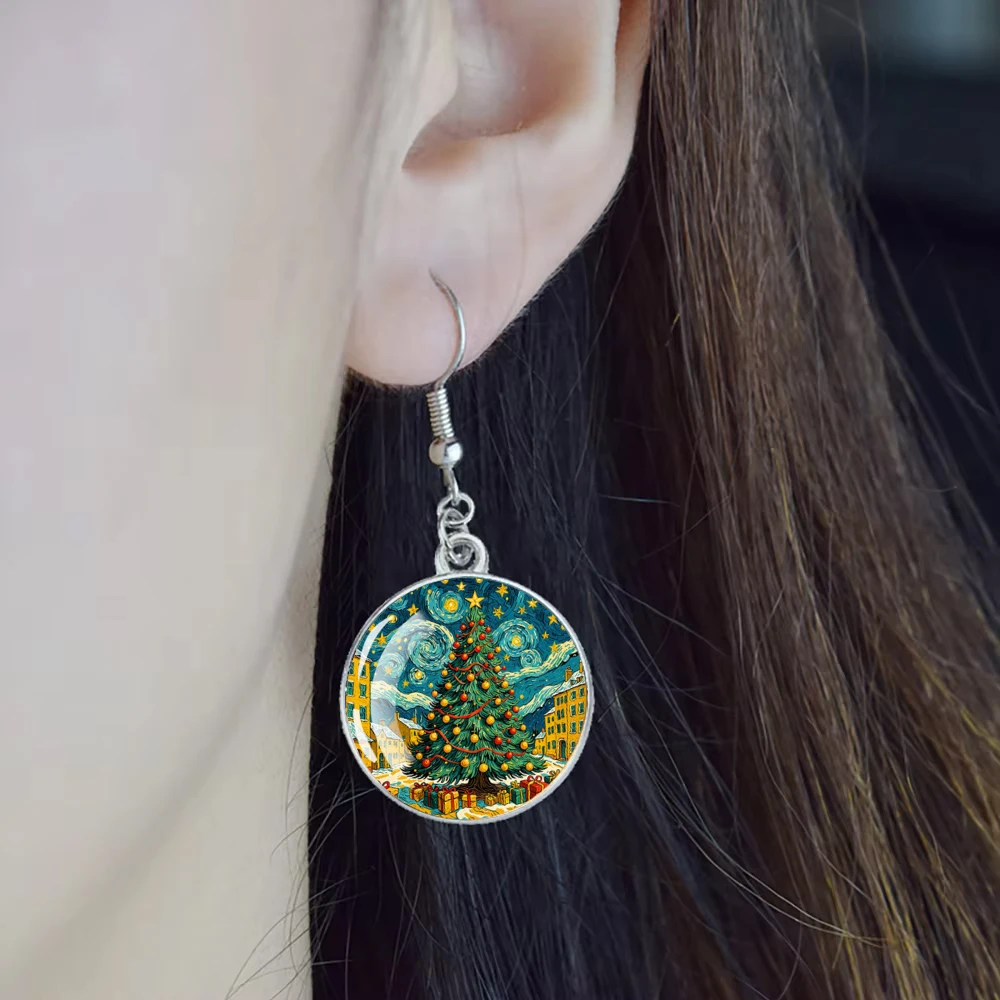 Christmas Tree Dome Glass Metal Earhook Exquisite Jewelry Earrings Christmas Gift New Year Gift Suitable for People withEarHoles