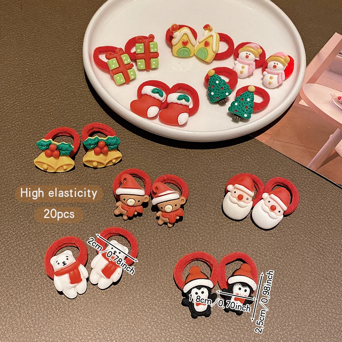 20 Christmas hair accessories with cute cartoon Santa Claus snowman and rubber bands suitable for Christmas use