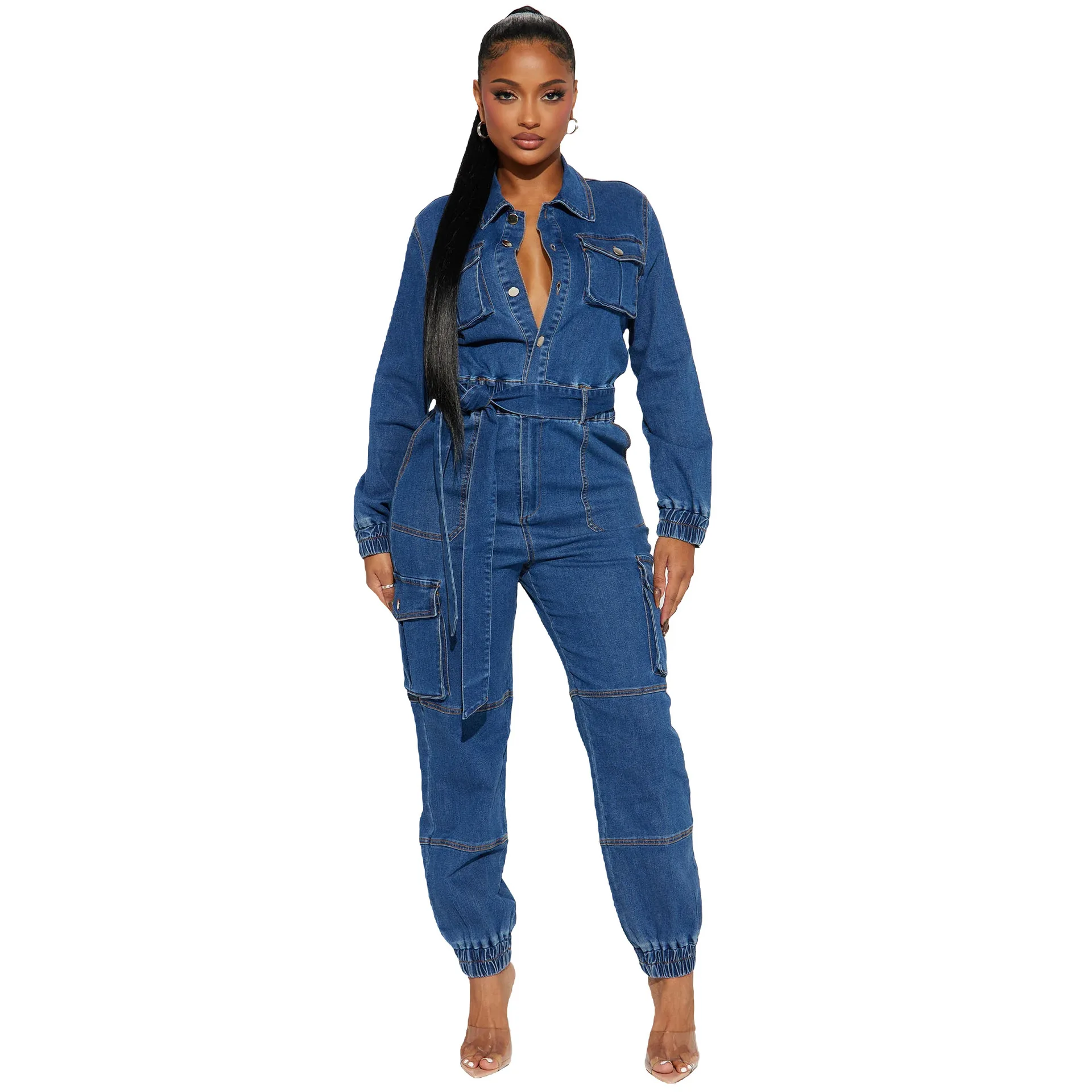 

Women's High Street Slim Bodycon Jumpsuit with Pockets, Elastic Waist, Denim Overalls, New Fashion