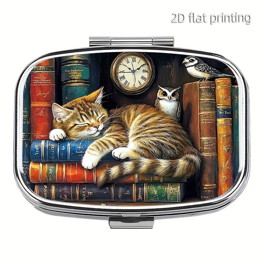 

Pill Box: 1pc, 2 Compartments, The Cat on the Bookshelf, Pill Case for Men & Women – Perfect Gift for Travelers, Unique Holiday Birthday Gift