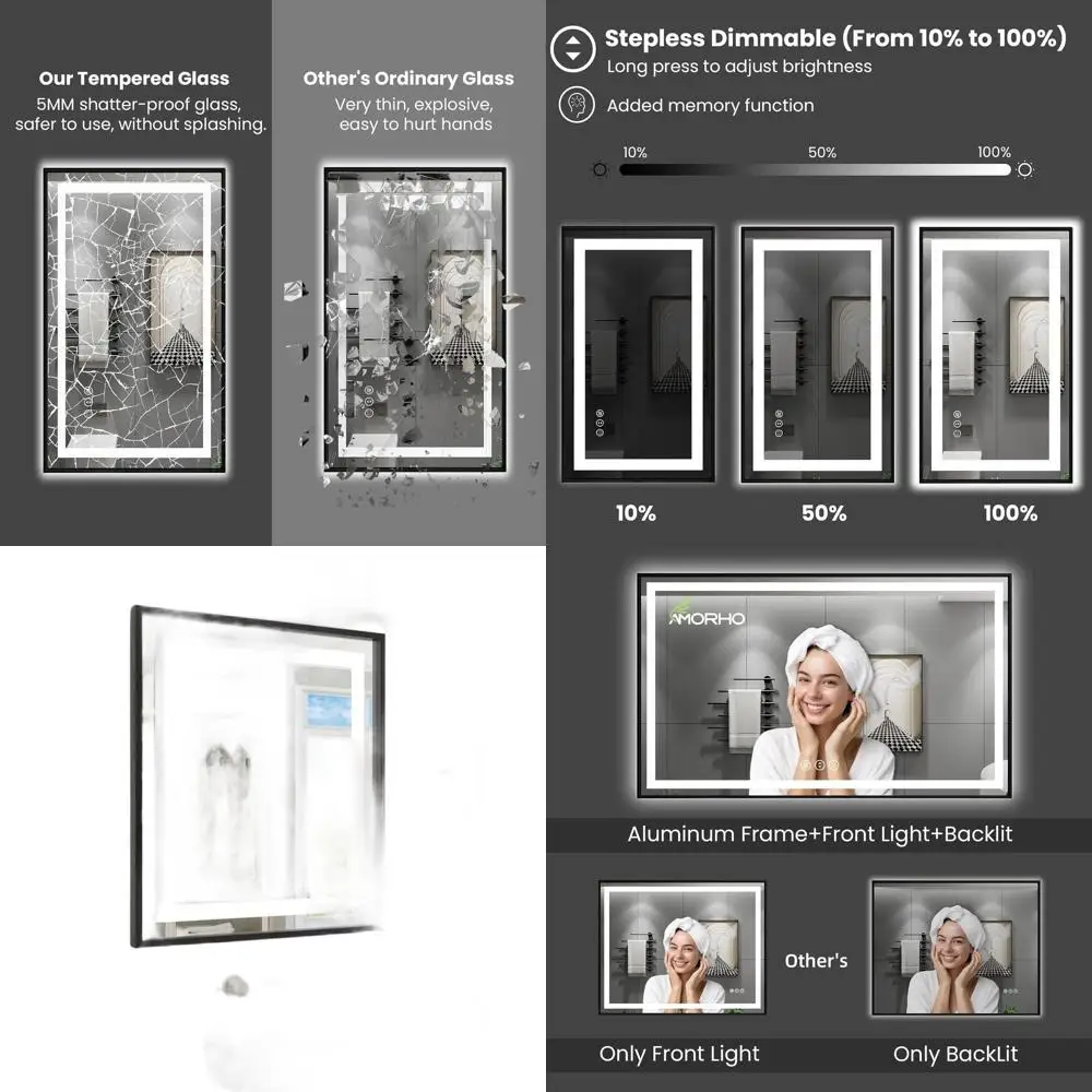 

32 LED Bathroom Mirror with Black Frame, Backlit, Step-Dimmable, Anti-Fog, Shatter-Resistant, Memory Function, 3 Color Temperatu