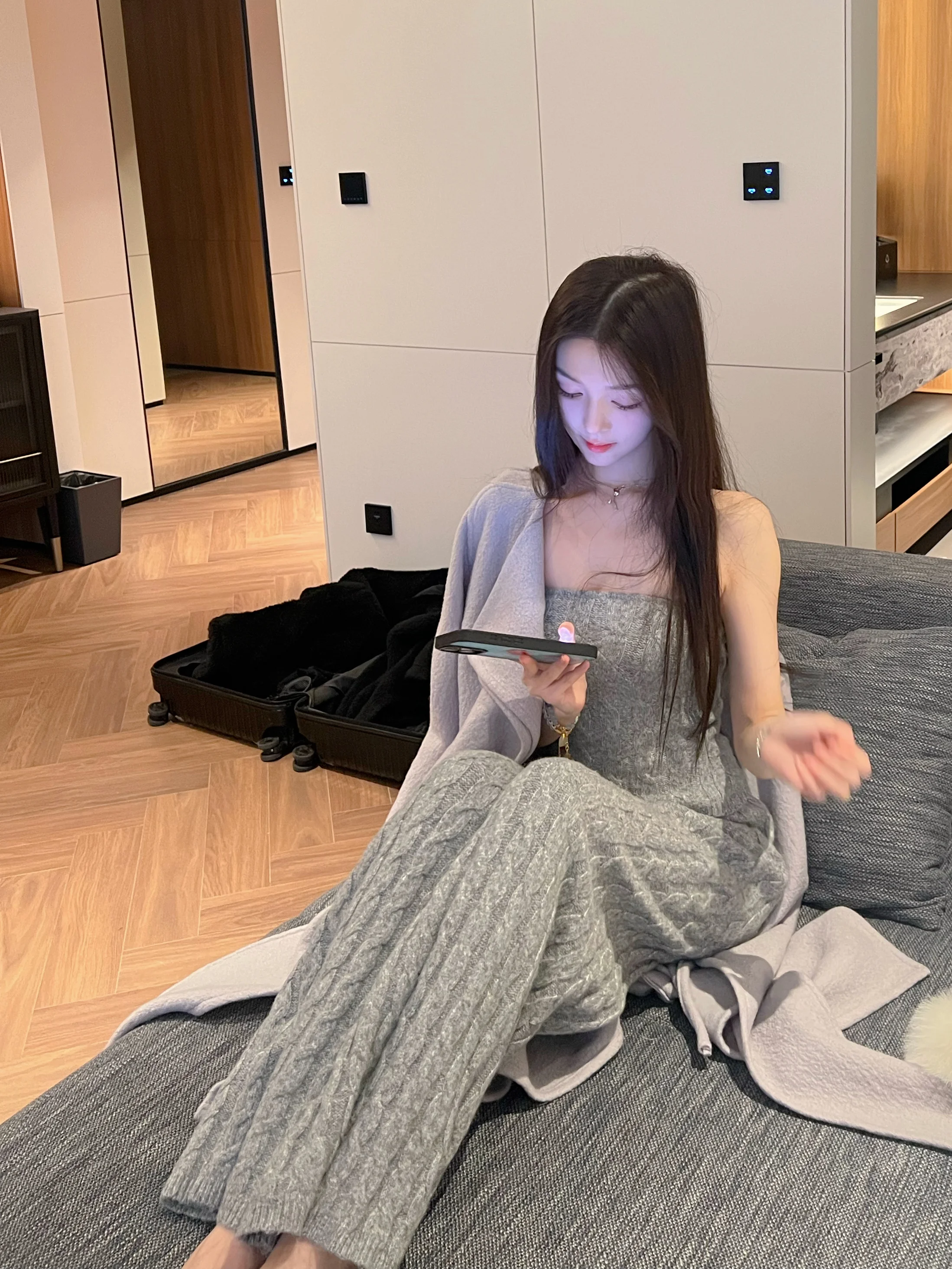 

ay Твидовый вязаный топ-труба, комплект широких брюк Winema XiaoXue, 4th Rees, повседневная спортивная одежда, комплект из двух предметов, круглый Ne Svel
