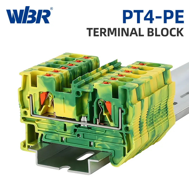 10Pcs PT4-PE  Push-in Din Rail Ground Terminal Block Wire Electrical Connector Terminal  PT4-PE s