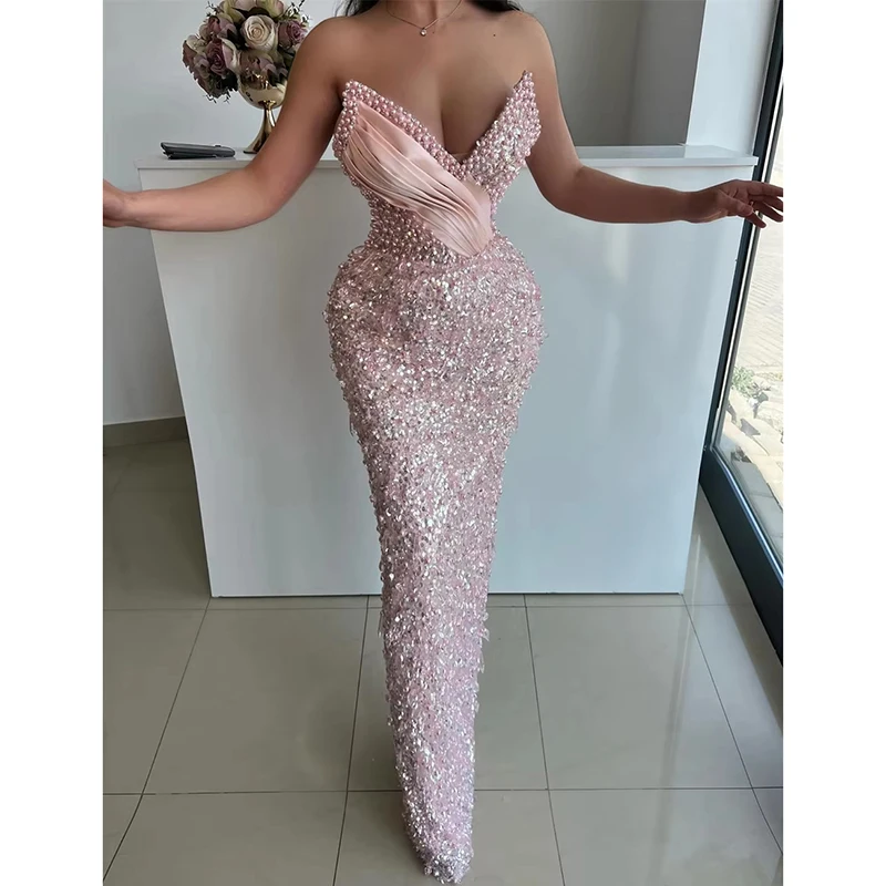 Glam Mermaid Strapless Prom Dress Sweetheart Neckline with Pearls Evening Dress Floor Length Party Dress Formal Galas Dress