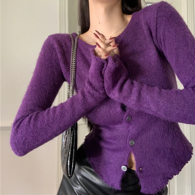 New Imitation Mink Knitted Cardigan Sexy Purple Knitted Tight Irregular Cardigan Long-sleeve Single Breasted Sweater Coat Tops