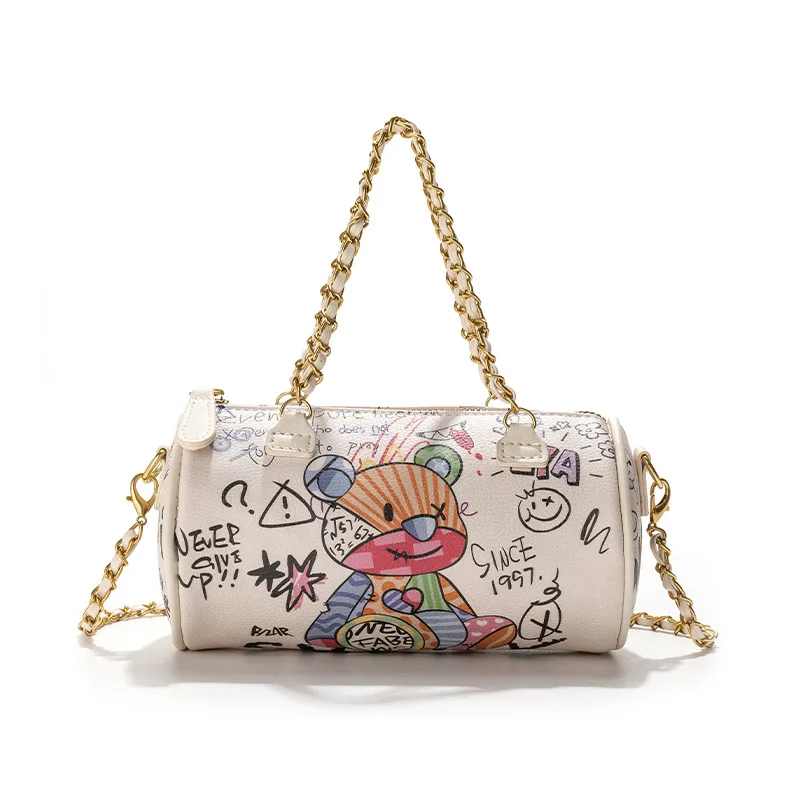 Bear graffiti cylinder bag women shoulder bag Cartoon cute chain tote bag Fashion small student small handbag