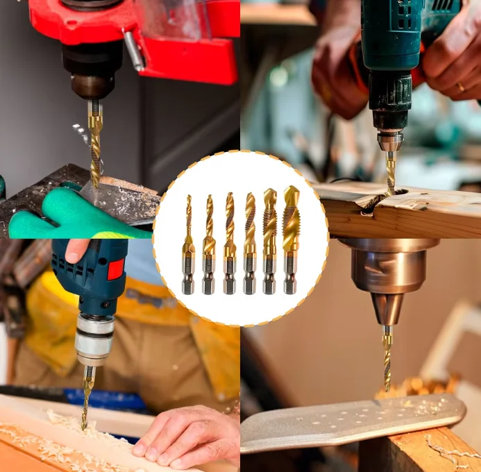 6pcs High-Speed Steel Titanium Plated Tap Drill And Tap Integrated Machine Open Chamfer Precision Tool Set 1/4 Inch