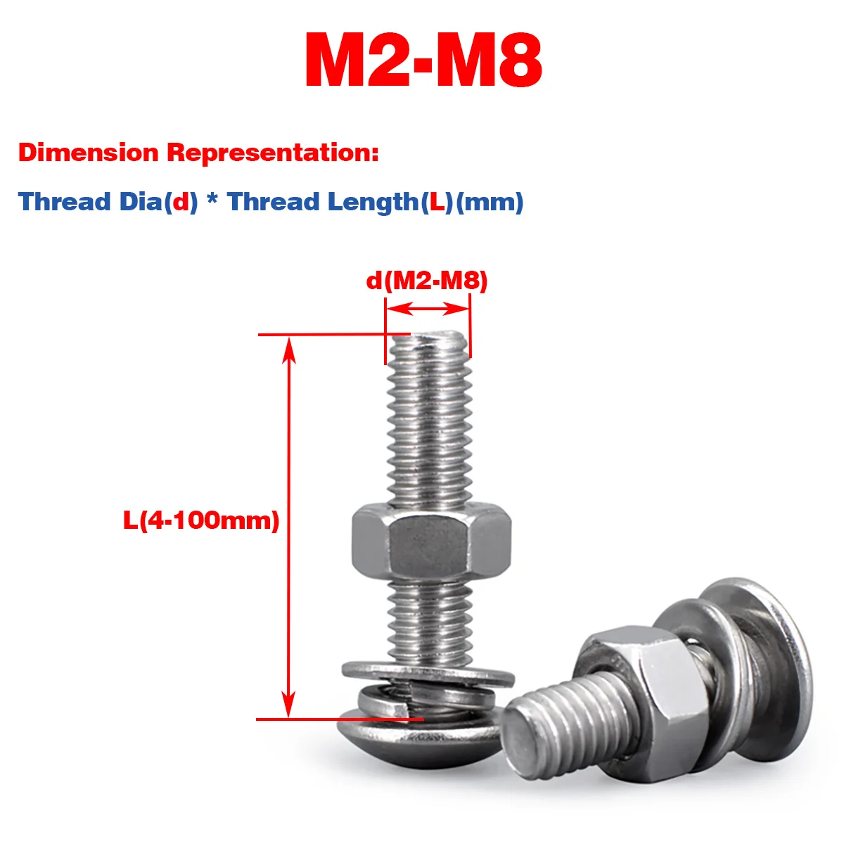 

304 SS Big Pan Head/Round Head Phillips Screw, Nut, Flat /Spring Washer Set M2-8