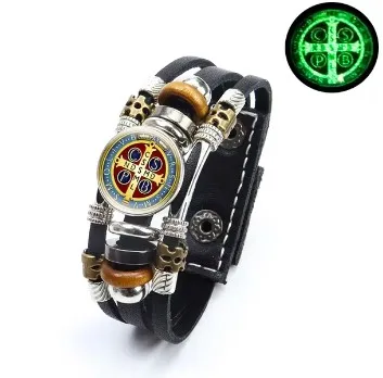 Luminous Saint Benedict Medallion Multilayer Leather Bracelet San Benito Domed Glass Adjustable Snap Button Religion Accessories
