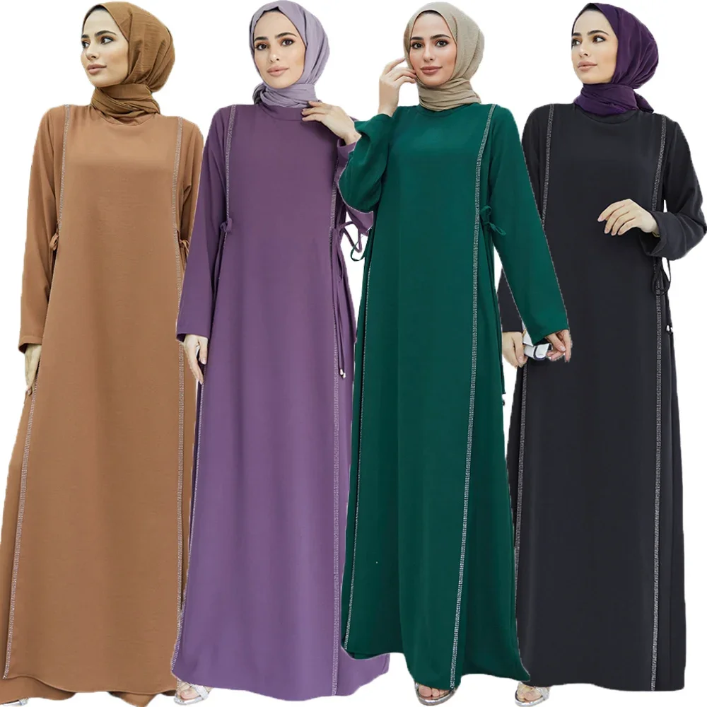 Eid Mubarak Abayas for Elegant Women Muslim Diamonds Casual Long Maxi Dresses Turkey Arabic Party Gown Islamic Vestidos Clothing