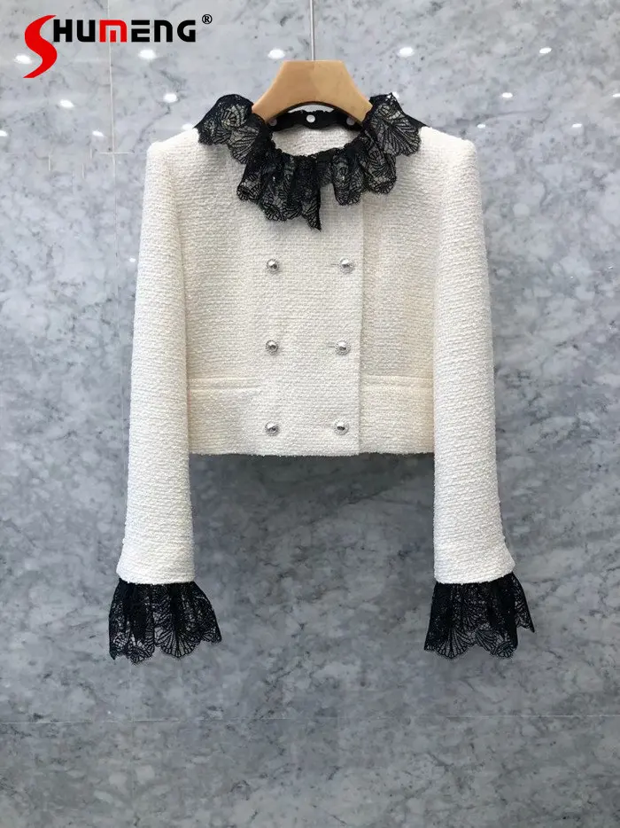 

2022 Autumn New Fashion Sweet Solid Doll Lace Collar Short Tweed Coat Women's Elegant Office Lady Patchwork Round Neck Jacket