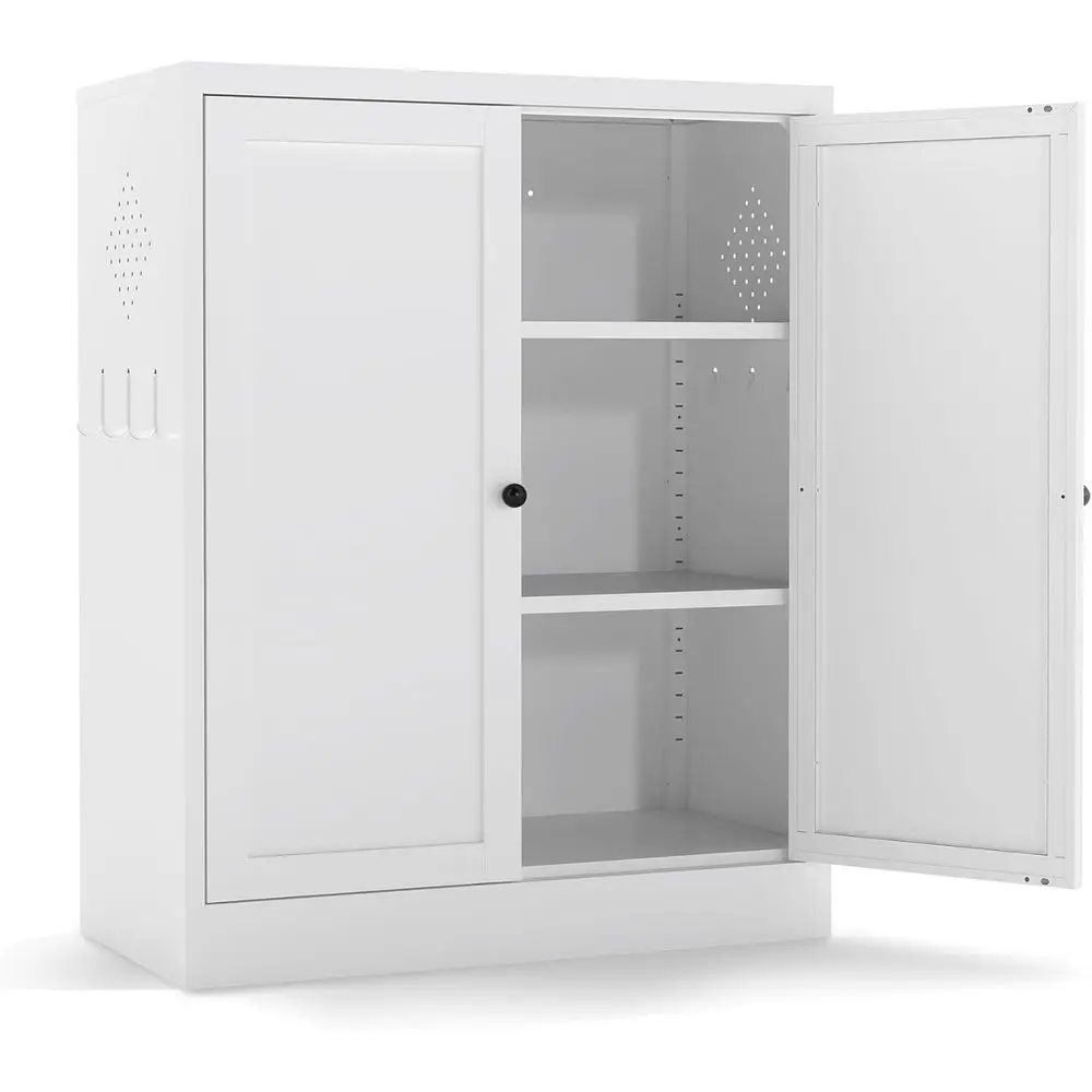 

Металлический шкаф для хранения 34,5 дюйма с 2 регулируемыми полками, кухонный шкаф-кладовка с вентиляционными отверстиями и крючками для дома, гостиной