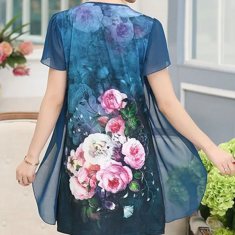 Vintage Floral Printed Midi Dress Casual Embroidery 2023 Summer Fake Two Pieces Women's Clothing Patchwork Folds O-Neck Dresses