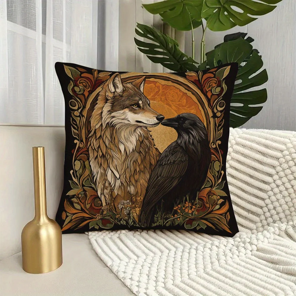 Rustic Wolf and Crow Art Throw Pillow Case for Sofa Couch Decorative Home Accent Cushion Cover