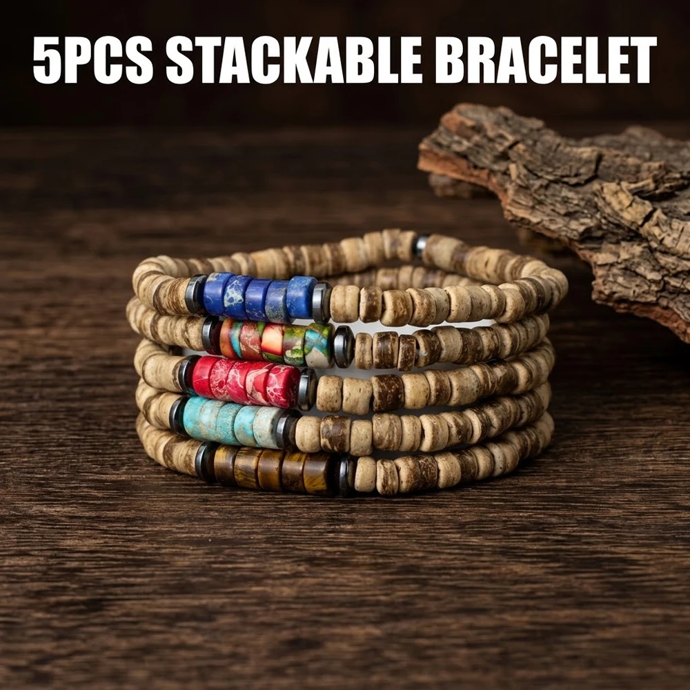 5Pcs/set  New Boho Beaded Bracelet Men Coconut Shell Stone Stackable Bracelet Women Jewelry Gift
