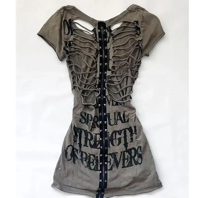 

Y2K Japanese Vintage Style Cotton Distressed Short Sleeve T Shirt for Women Letter Print Fashion Aesthetic Hot Girl Casual Top